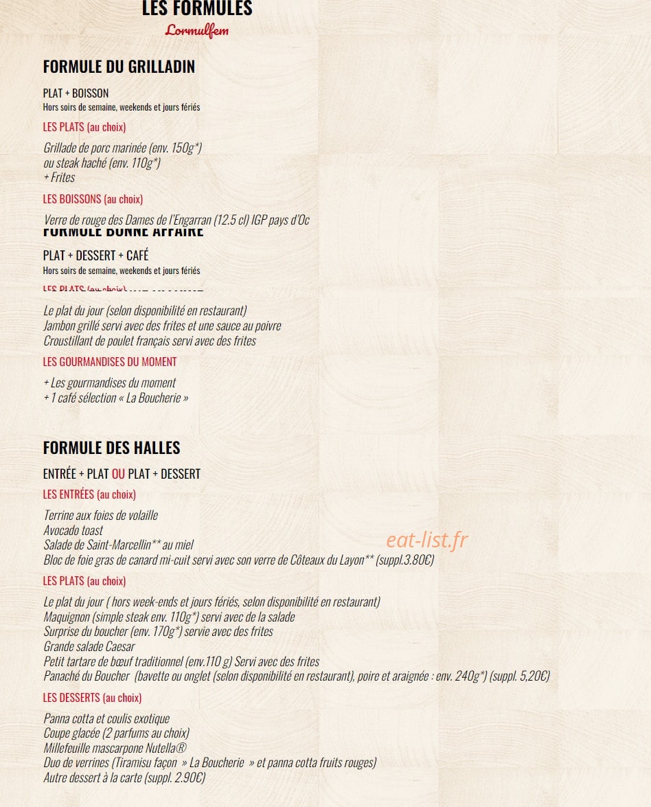 Carte et menu de La Boucherie à Saint Gely du Fesc — Les formules