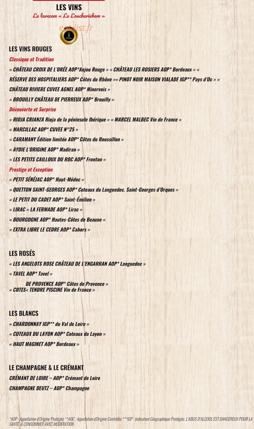 Carte et menu de La Boucherie à Saint Gely du Fesc — Les vins
