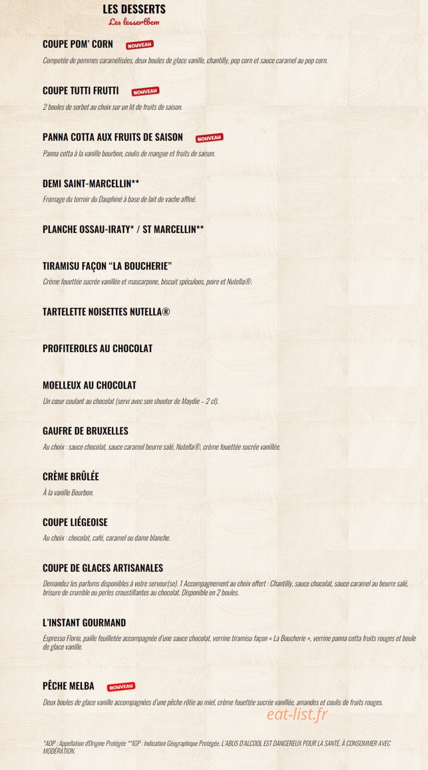 Carte et menu de La Boucherie à Saint Gely du Fesc — Les desserts
