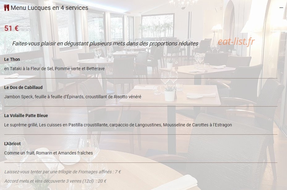 Carte et menu de Le Clos des Oliviers à Saint Gely du Fesc — Menu lucques en 4 services