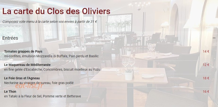 Carte et menu de Le Clos des Oliviers à Saint Gely du Fesc — Entrées