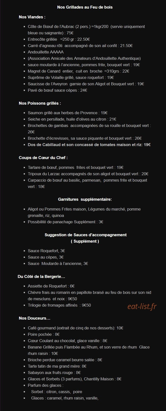 Carte et menu de Le Mélagais à Saint Gely du Fesc — Grillades au feu de bois, garnitures supplémentaire, suggestions, ...