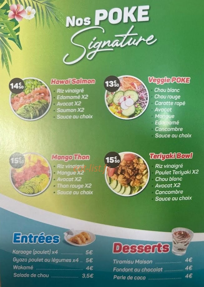 Carte et menu de Poke Avenue à Saint Gely du Fesc — Les poké signatures, entrées et desserts
