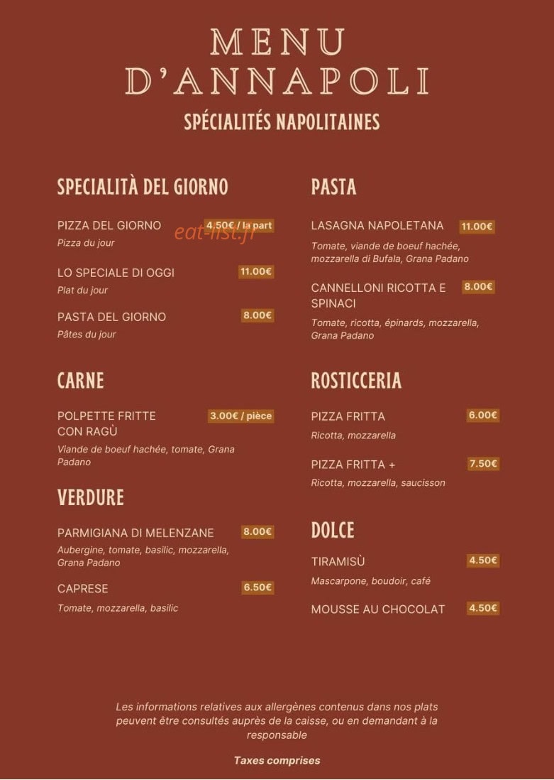 Carte et menu de Trattoria Annapoli à Saint Gely du Fesc — Les pastas, carnes et verdures,...