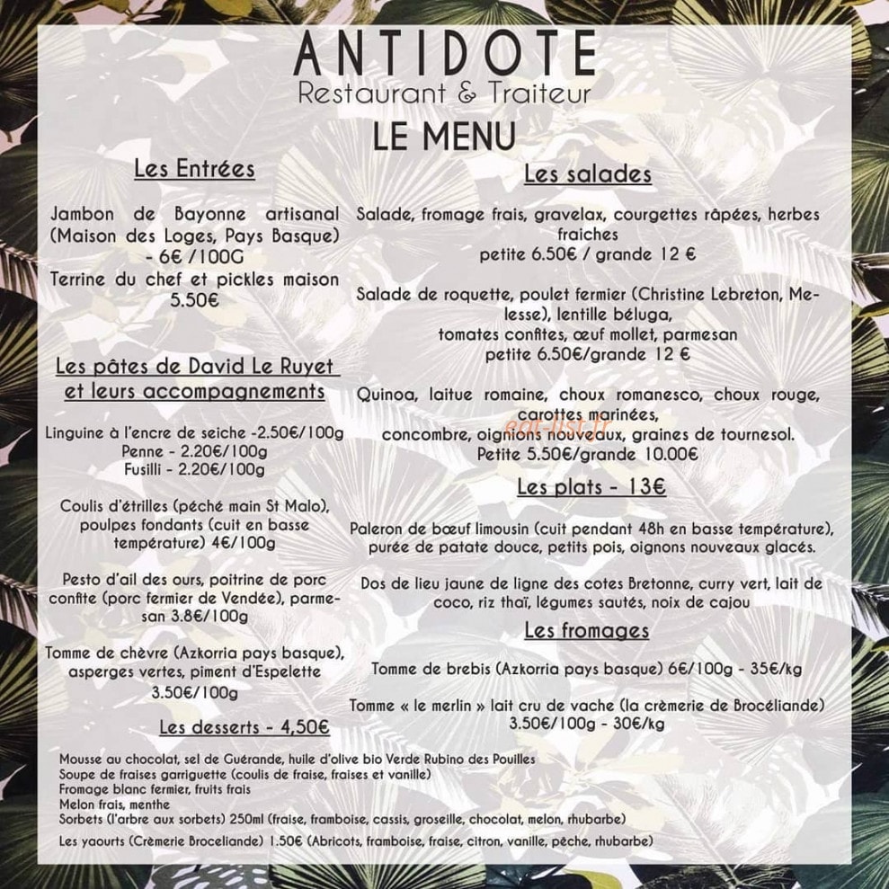 Antidote à Rennes - menu et photos