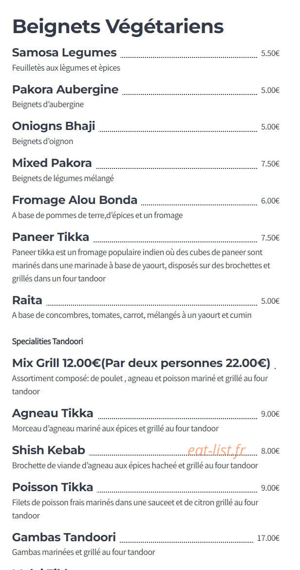 Délice de l'Inde — carte page 1
