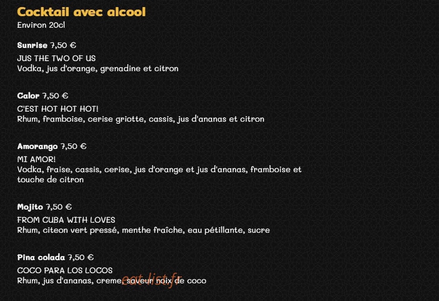Carte et menu de Grill'inn à Rennes — Les cocktails avec alcools
