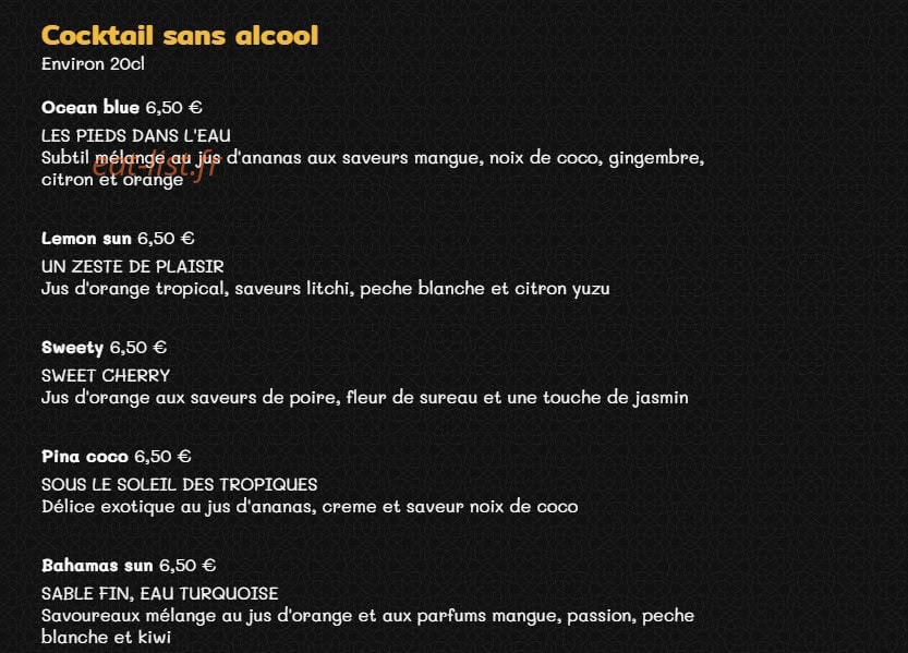 Carte et menu de Grill'inn à Rennes — Les cocktails sans alcools