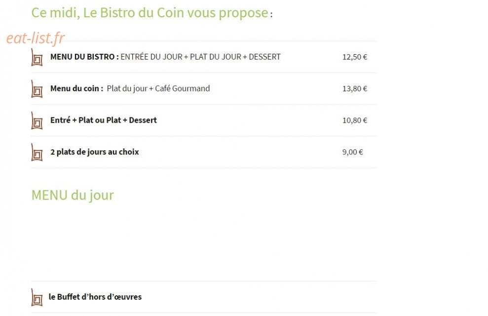 Le Bistro du Coin — carte page 1