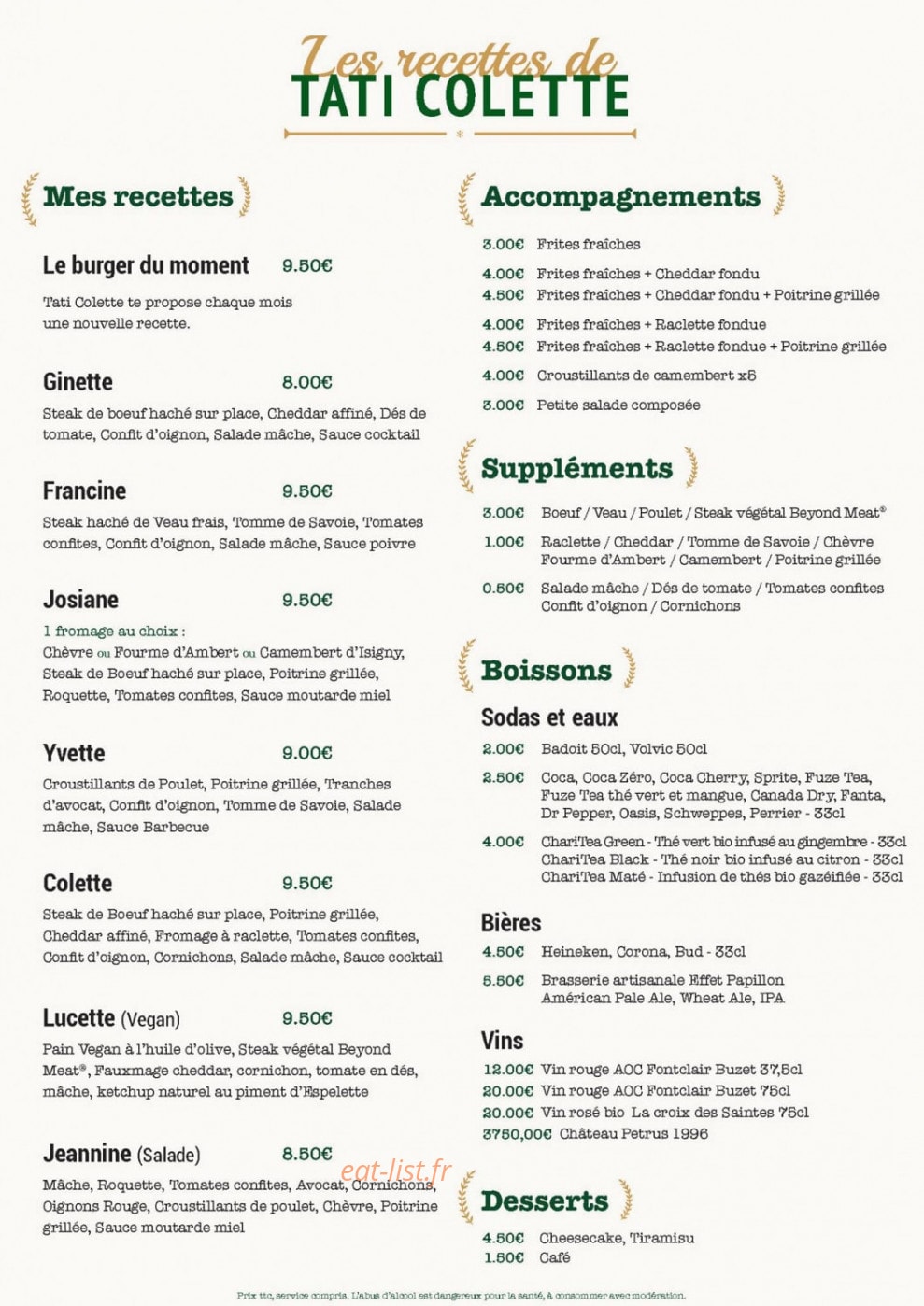 Les burgers de Colette — carte page 1