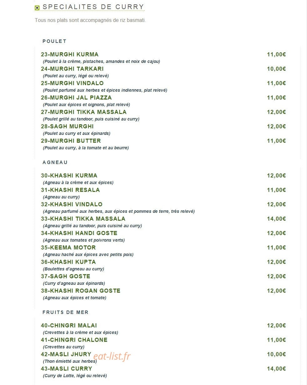 Restaurant India — carte page 2