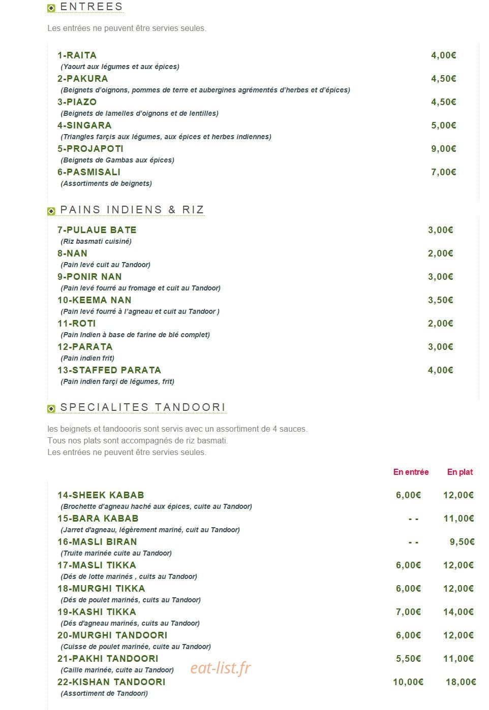Restaurant India — carte page 1