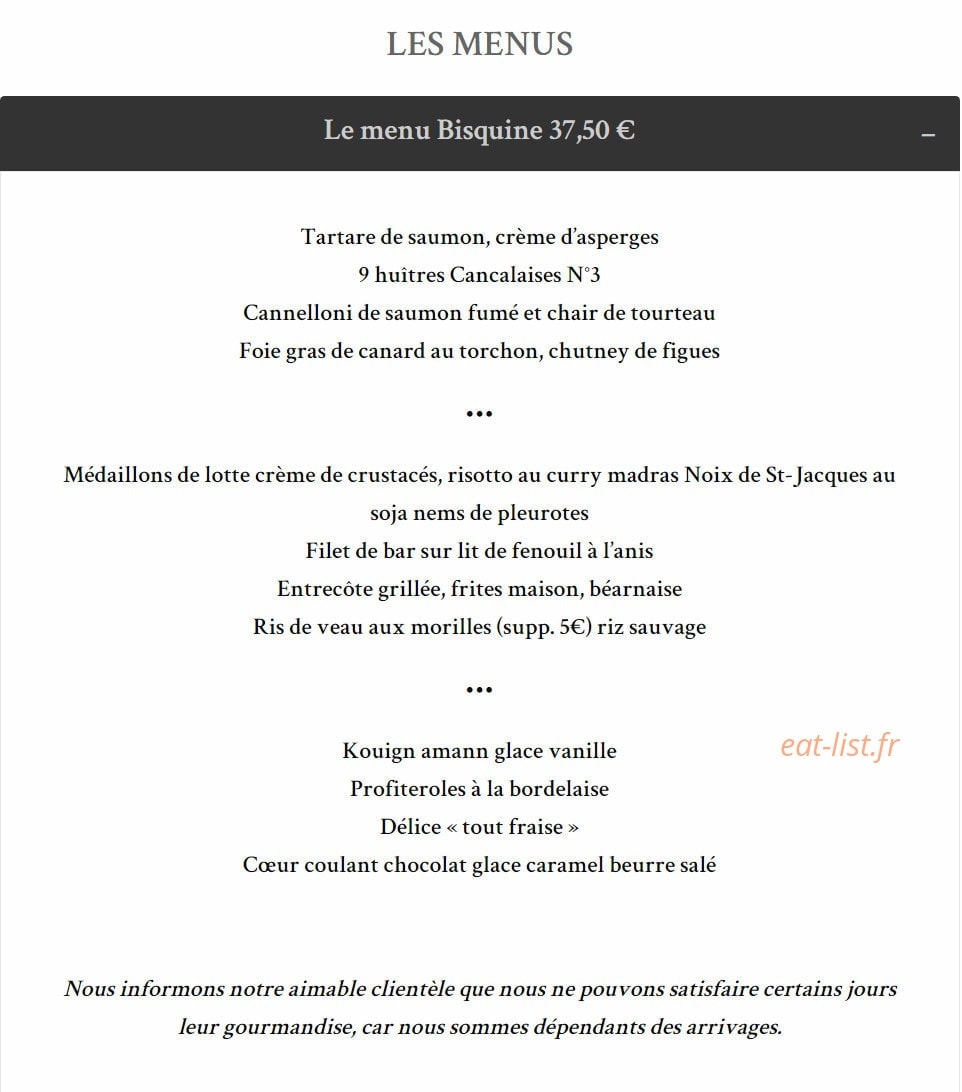 Carte et menu de Taverne de la Marine à Rennes — Les menus