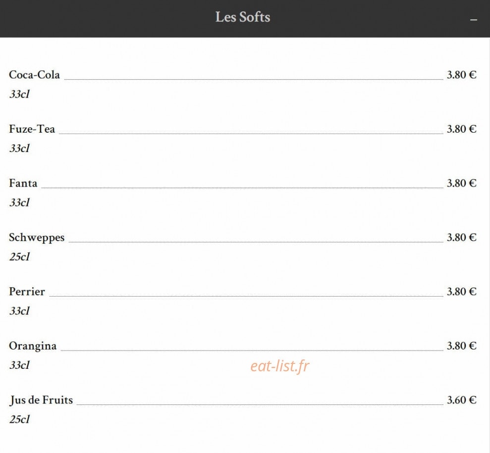 Carte et menu de Taverne de la Marine à Rennes — Les boissons softs