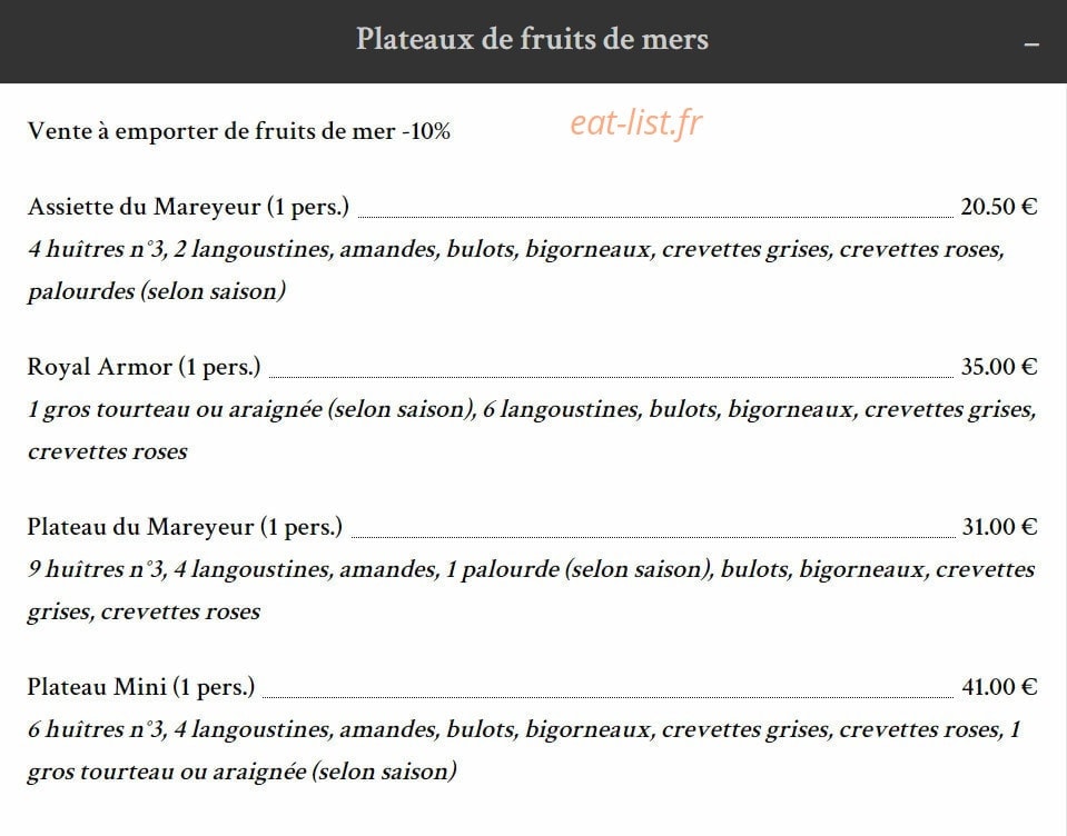 Carte et menu de Taverne de la Marine à Rennes — Plateaux de fruits de mers suite