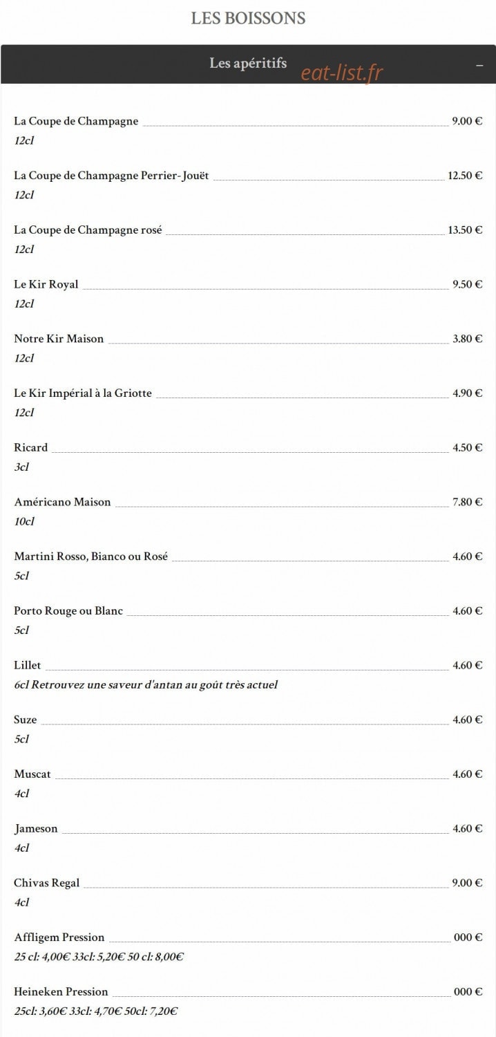 Carte et menu de Taverne de la Marine à Rennes — Les apéritifs