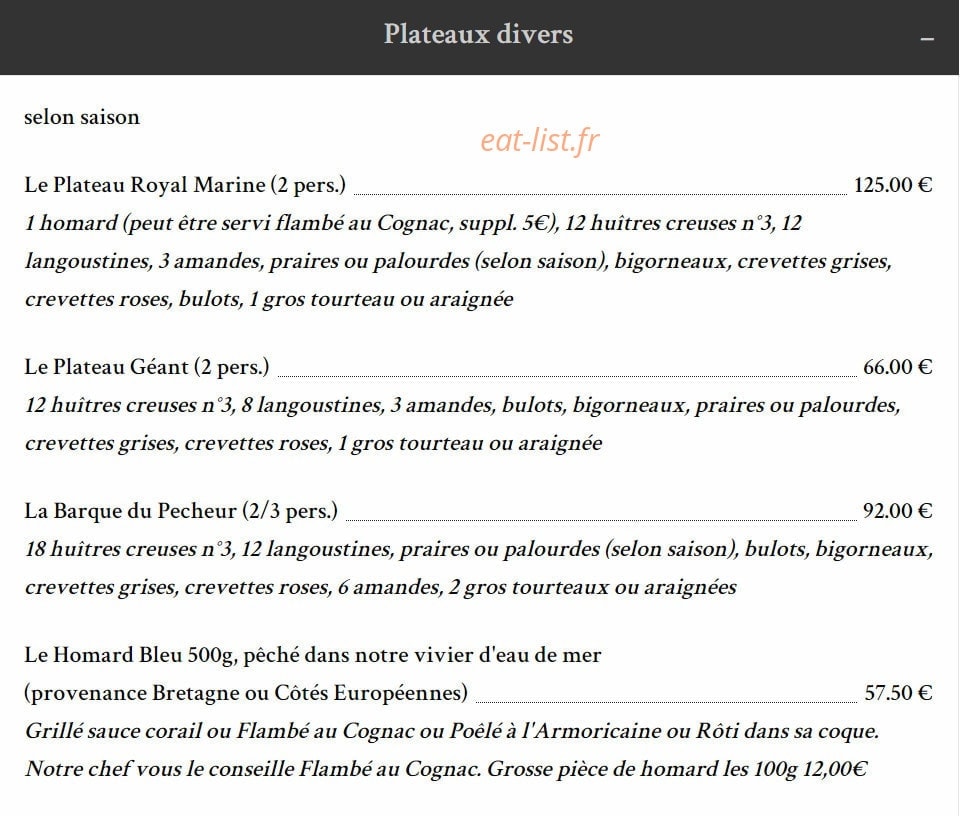 Carte et menu de Taverne de la Marine à Rennes — Les plateaux divers