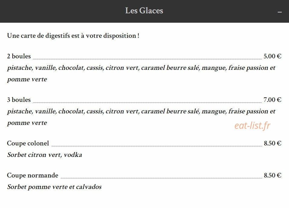 Carte et menu de Taverne de la Marine à Rennes — Les glaces
