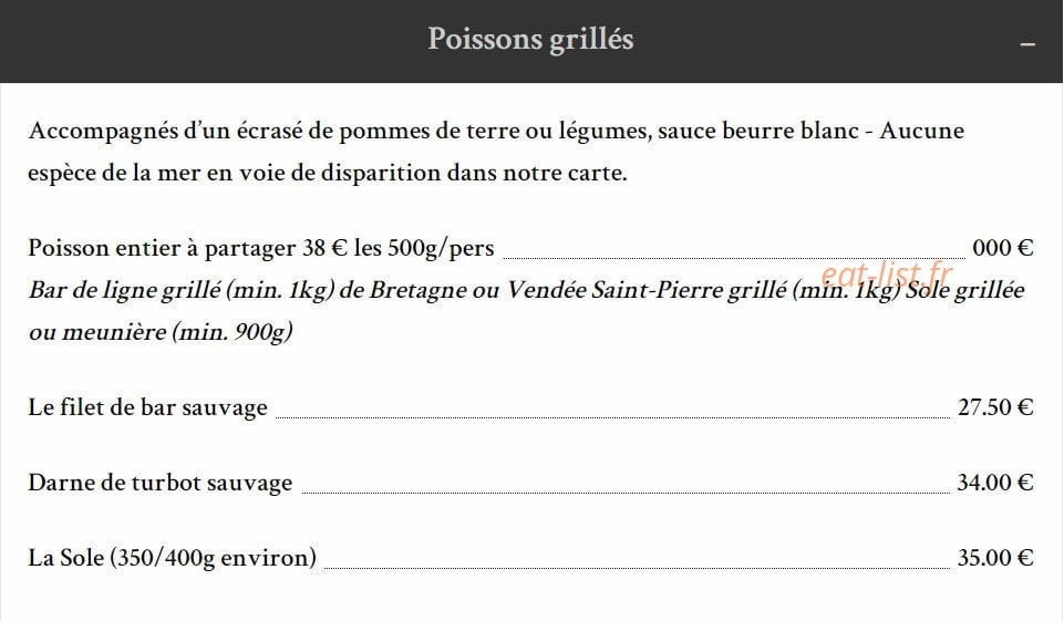 Carte et menu de Taverne de la Marine à Rennes — Les poissons grillés