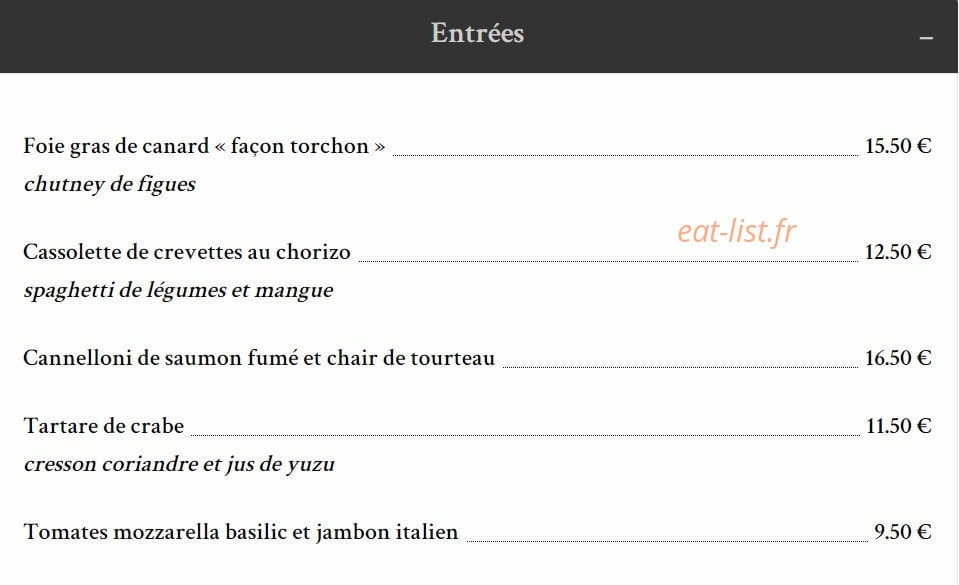Carte et menu de Taverne de la Marine à Rennes — Les entrées
