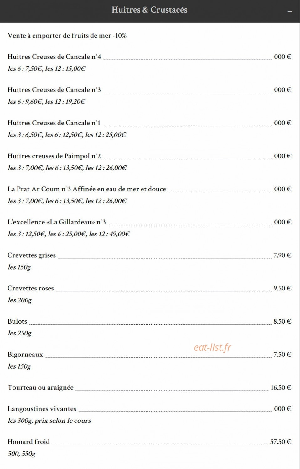 Carte et menu de Taverne de la Marine à Rennes — Huitres et crustacés