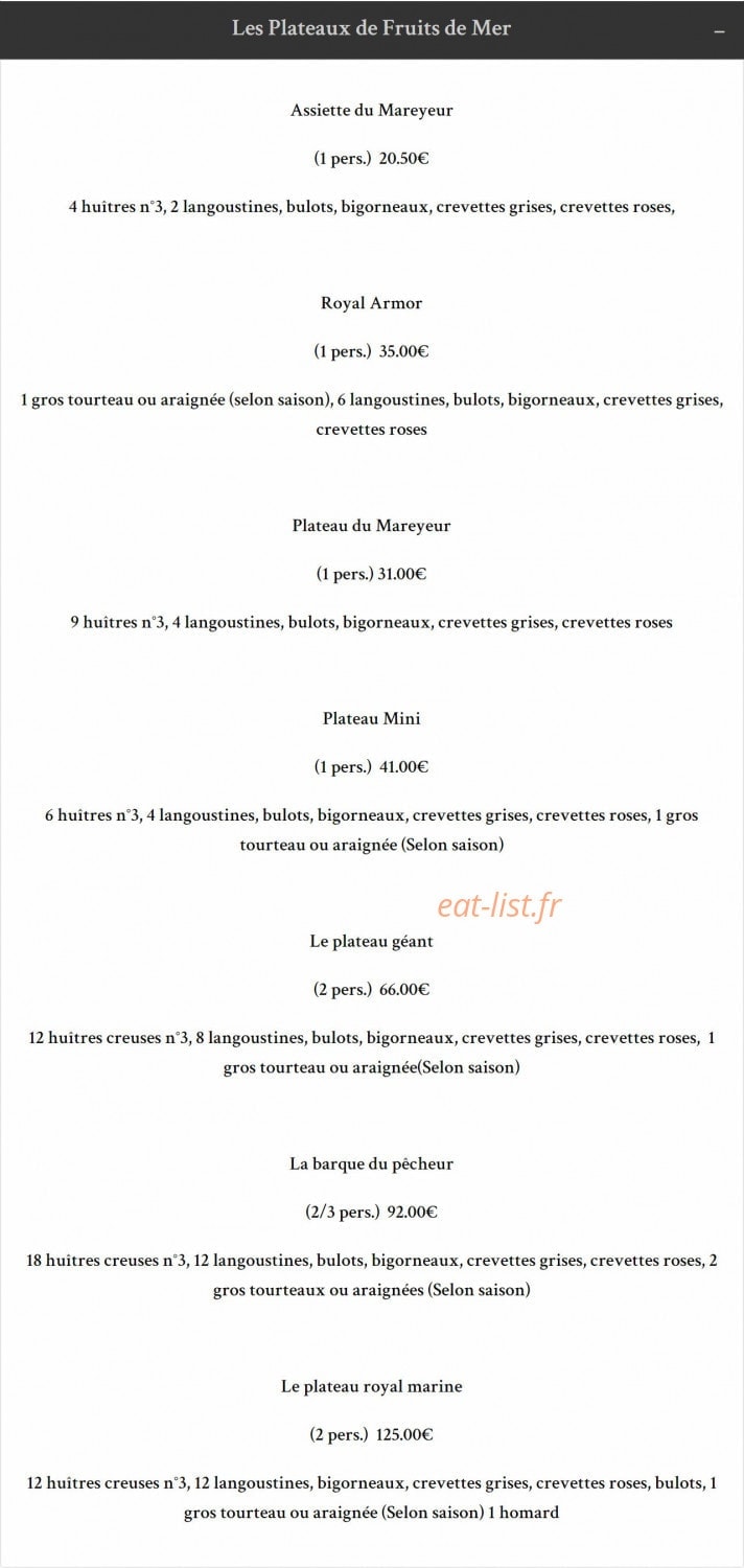 Carte et menu de Taverne de la Marine à Rennes — Les plateaux de fruits de mer