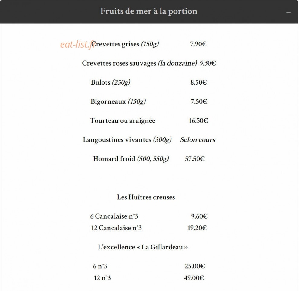 Carte et menu de Taverne de la Marine à Rennes — Fruit de mer à la portion