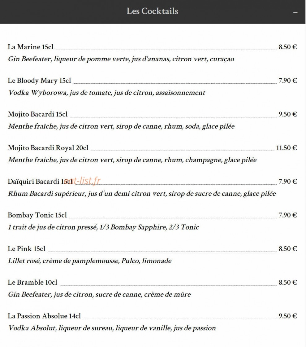 Carte et menu de Taverne de la Marine à Rennes — Les cocktails