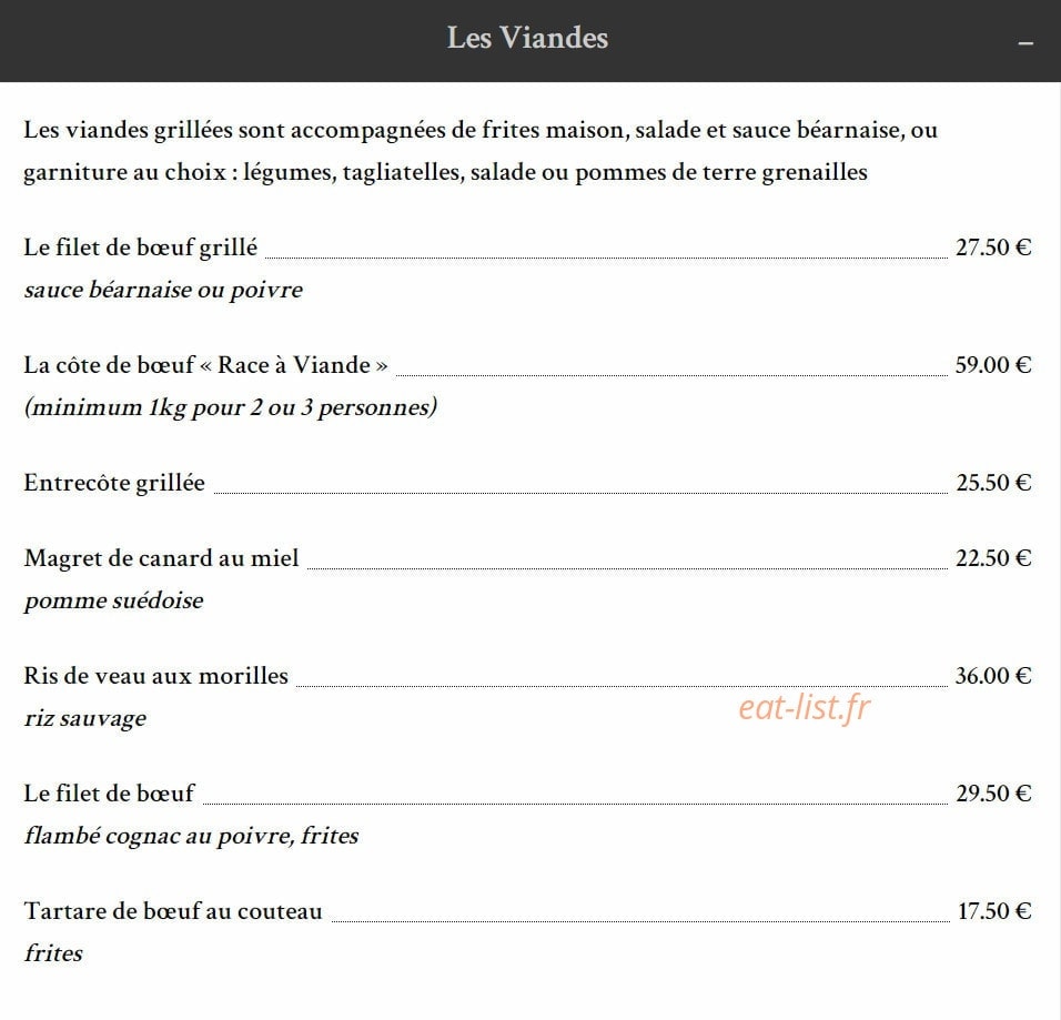 Carte et menu de Taverne de la Marine à Rennes — Les viandes