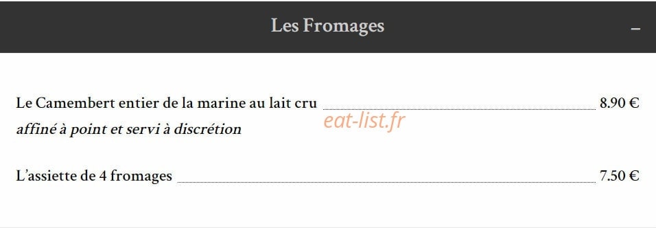 Carte et menu de Taverne de la Marine à Rennes — Les fromages