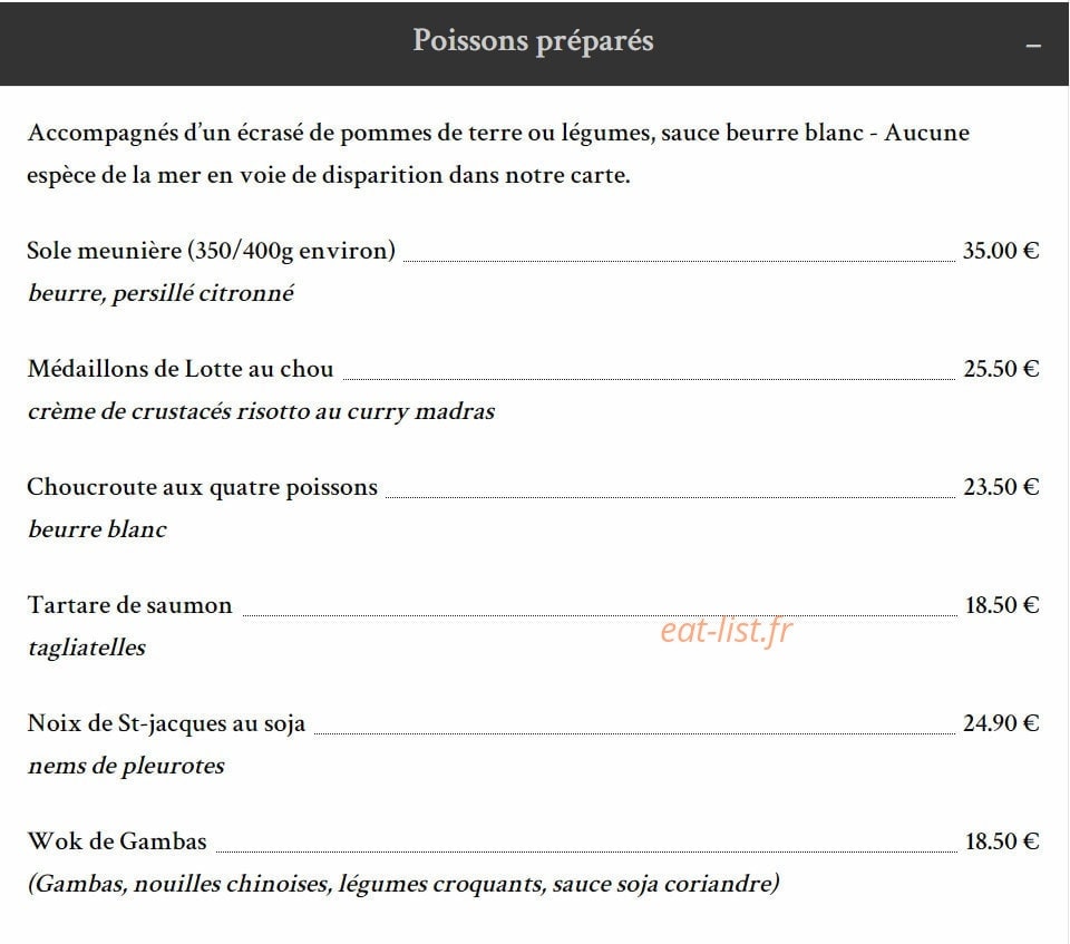 Carte et menu de Taverne de la Marine à Rennes — Les poissons préparés