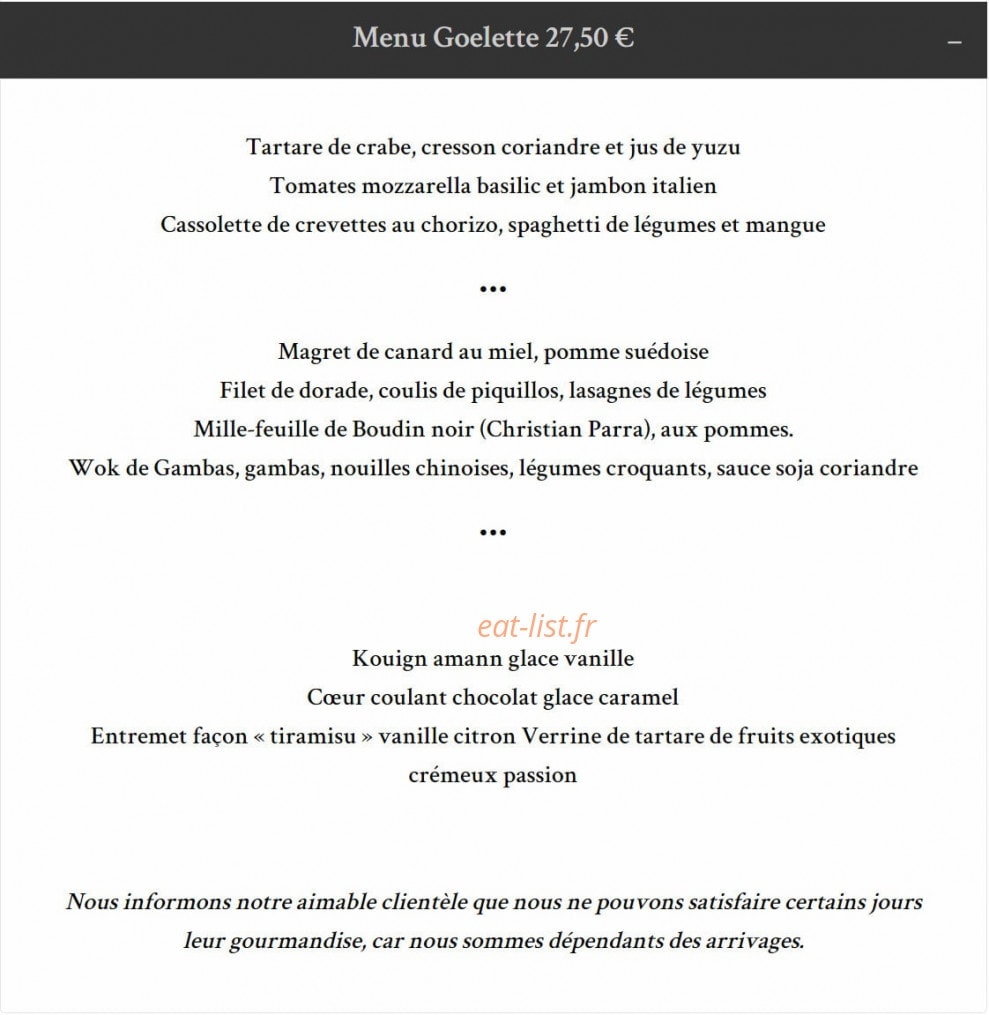 Carte et menu de Taverne de la Marine à Rennes — Les menu goelette à 27.5€