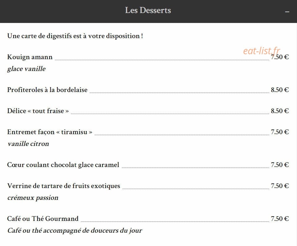 Carte et menu de Taverne de la Marine à Rennes — Les desserts