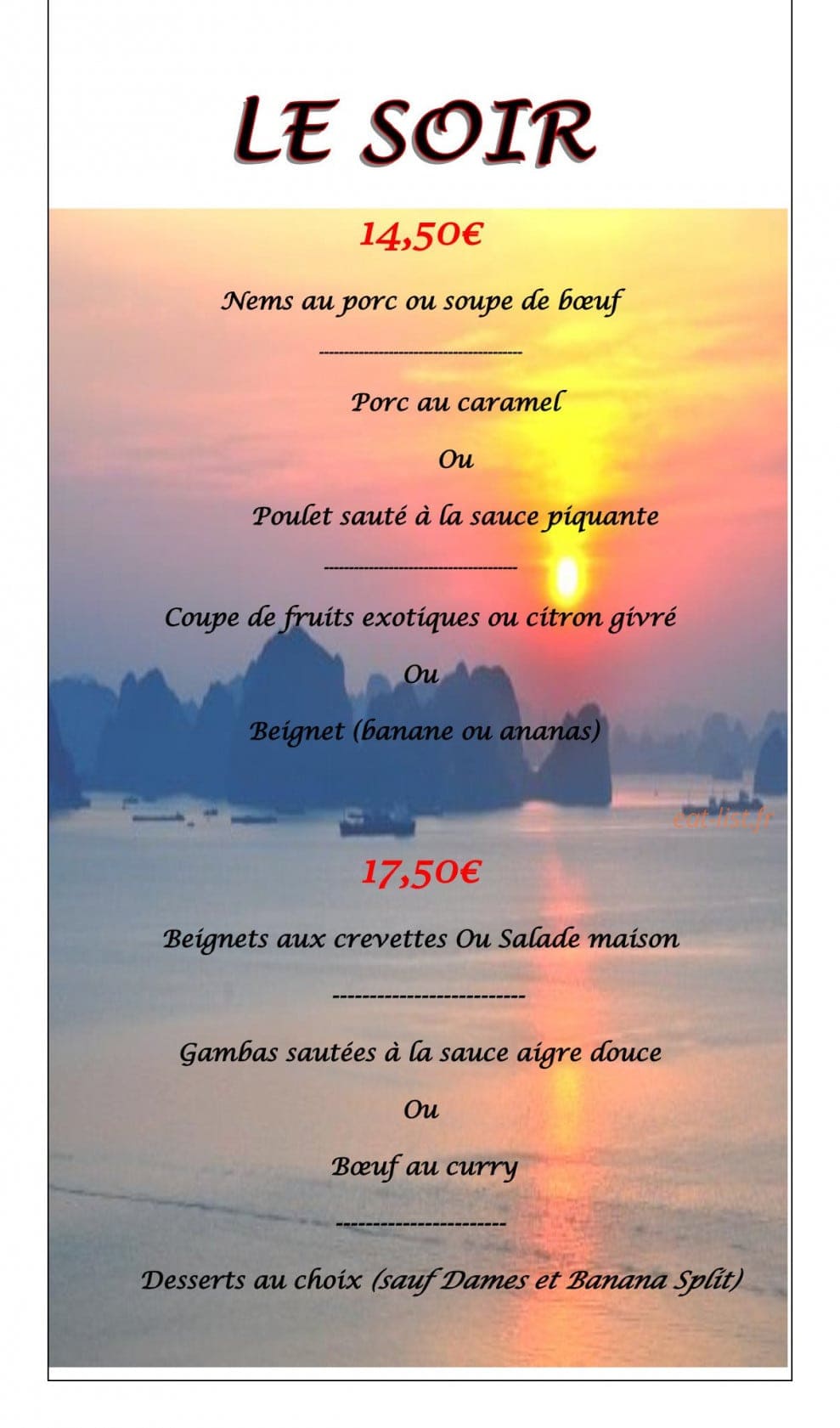 Carte et menu de La Perle des Rizières à Montfort sur Meu — menu soir