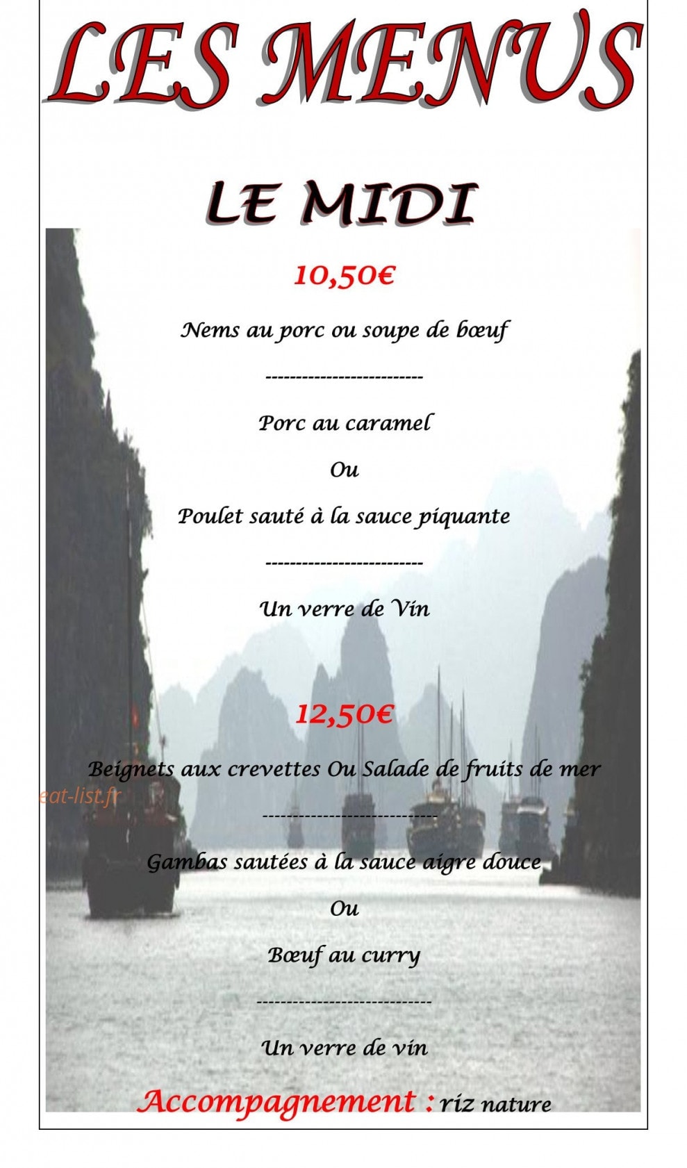 Carte et menu de La Perle des Rizières à Montfort sur Meu — menu midi