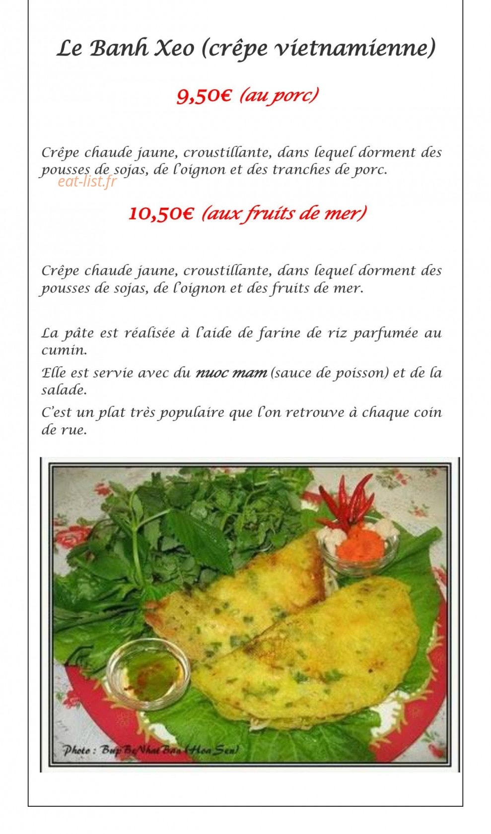 Carte et menu de La Perle des Rizières à Montfort sur Meu — Le banh xeo
