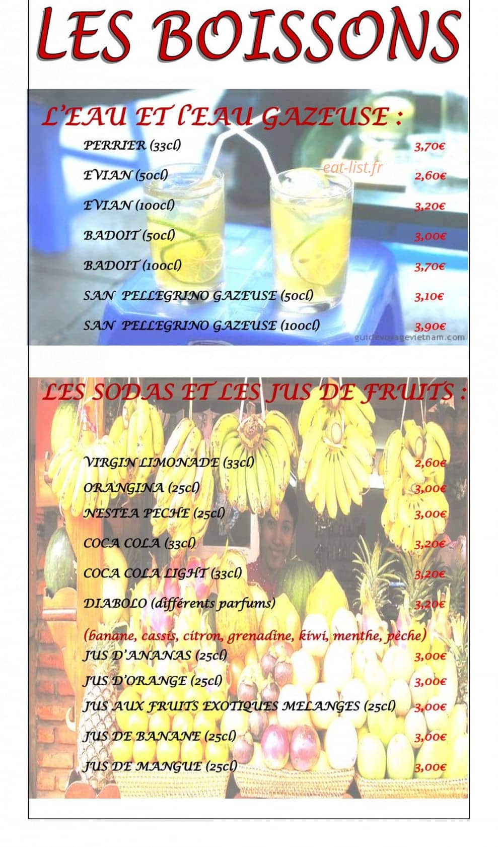Carte et menu de La Perle des Rizières à Montfort sur Meu — Les boissons