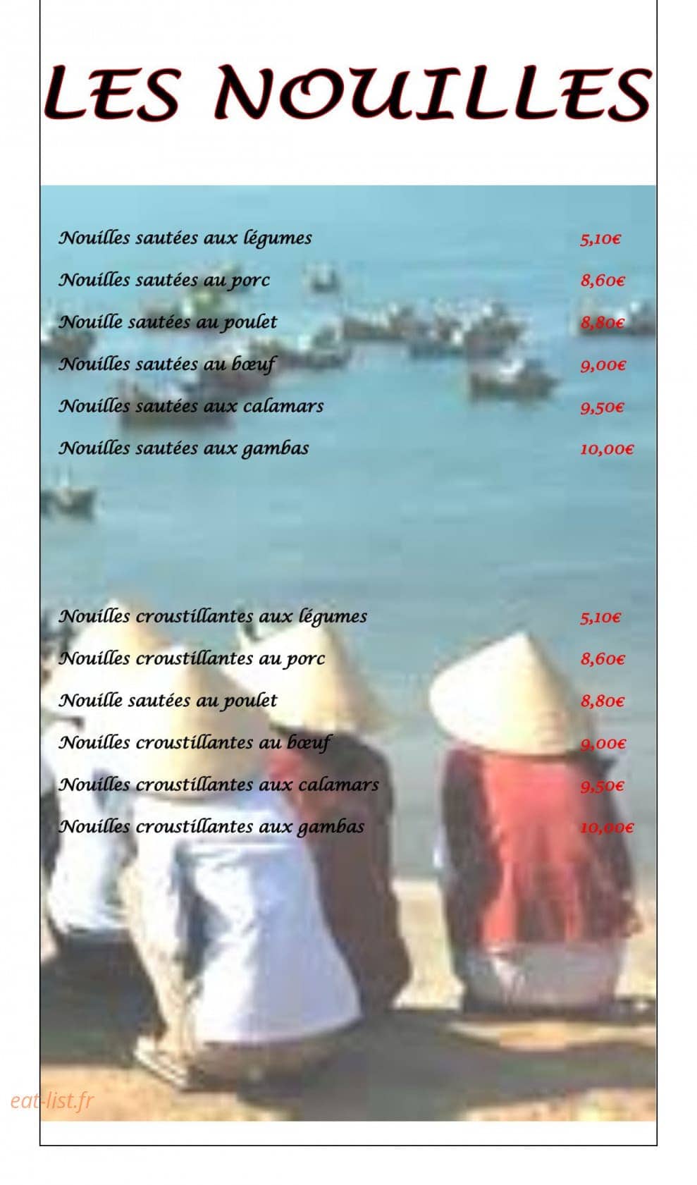 Carte et menu de La Perle des Rizières à Montfort sur Meu — Les nouilles