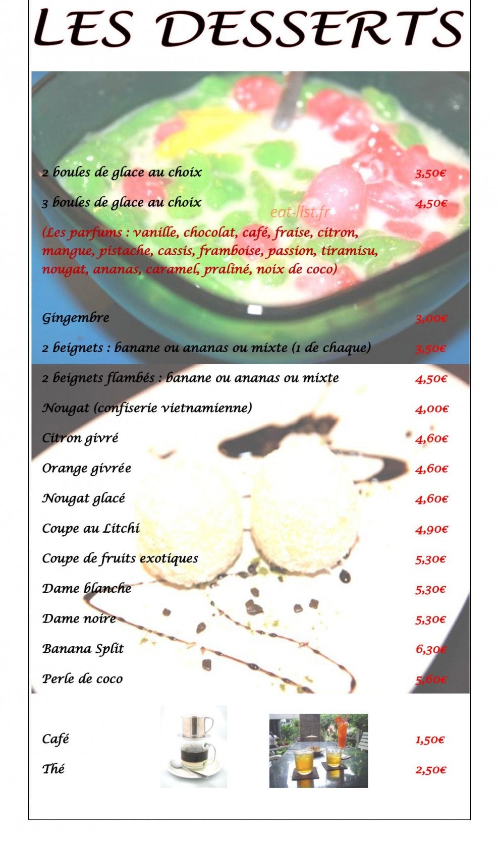 Carte et menu de La Perle des Rizières à Montfort sur Meu — Les desserts