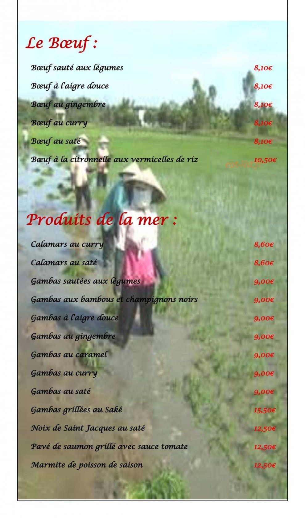 Carte et menu de La Perle des Rizières à Montfort sur Meu — Les plats suite
