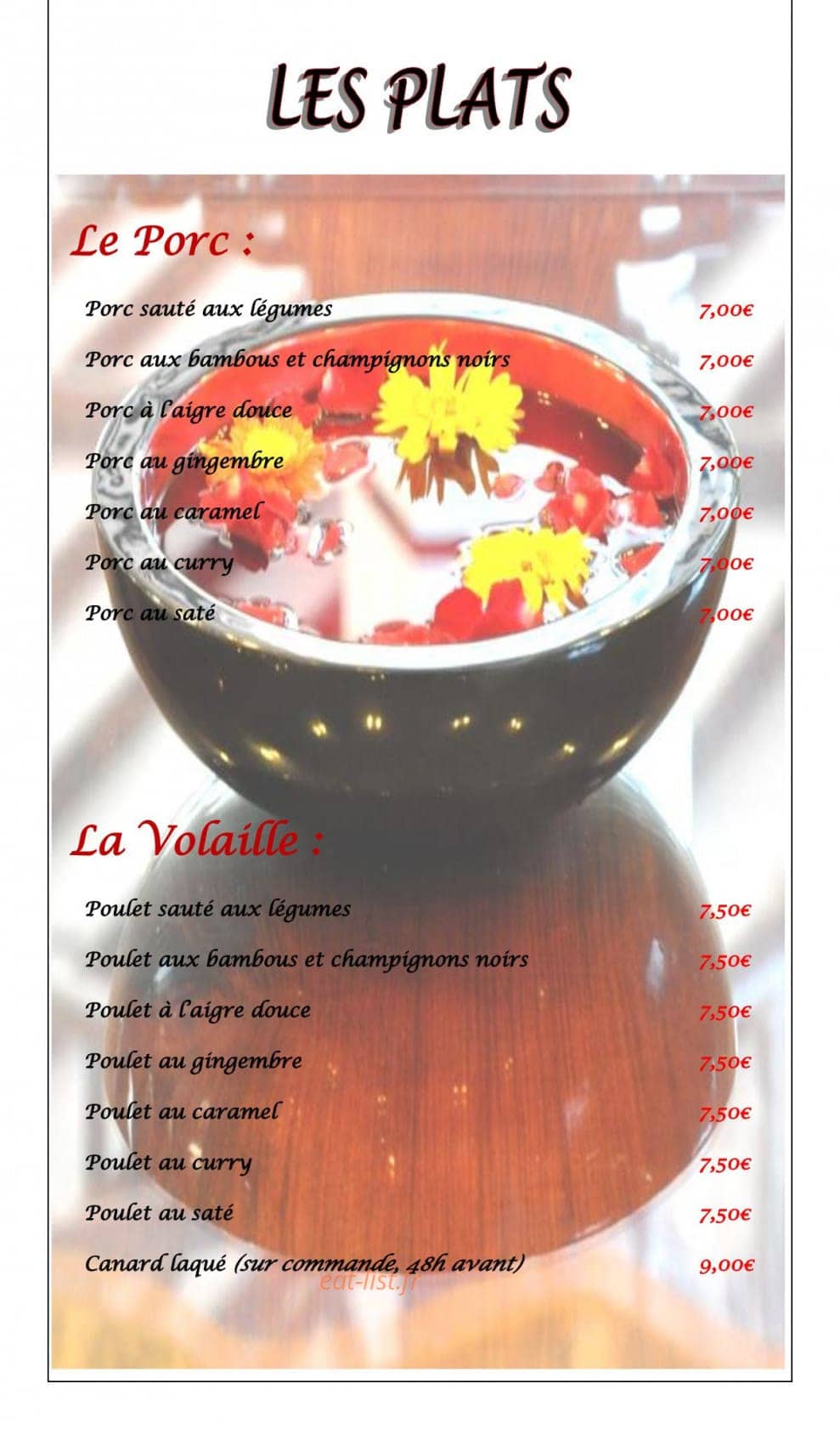 Carte et menu de La Perle des Rizières à Montfort sur Meu — Les plats