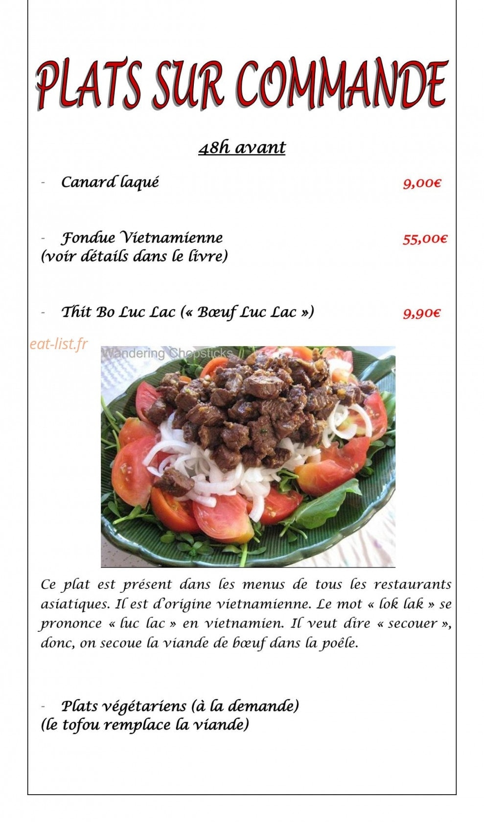 Carte et menu de La Perle des Rizières à Montfort sur Meu — Les plats sur commande
