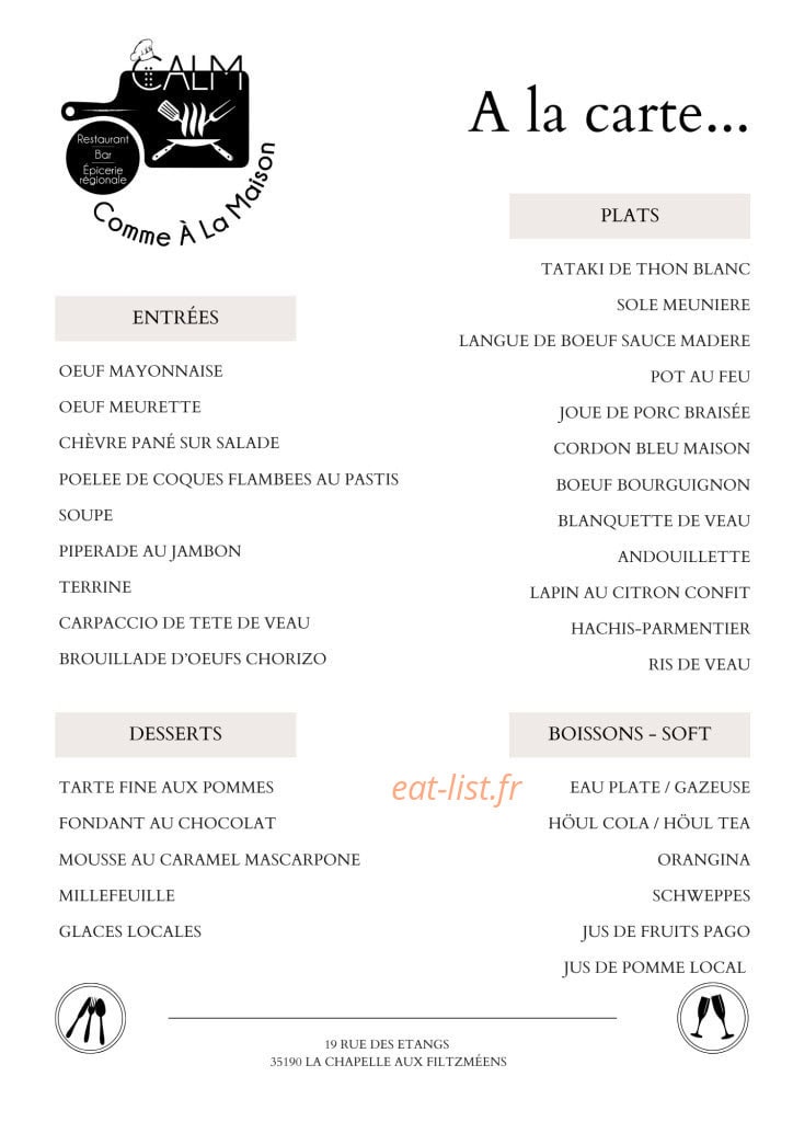 Carte et menu de Calm comme à la maison à La Chapelle Aux Filtzmeen — A la carte
