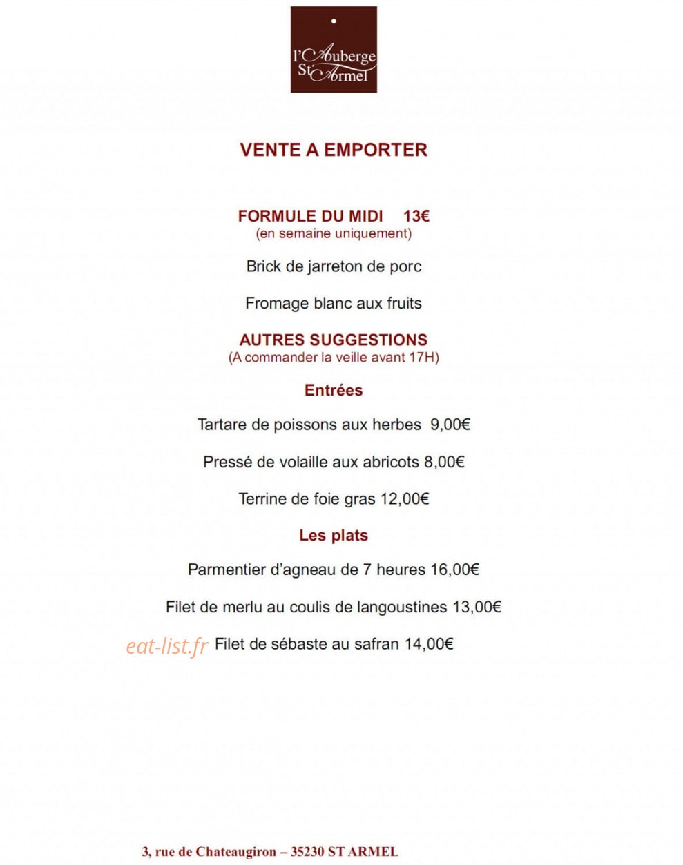 Auberge Saint Armel — carte page 1