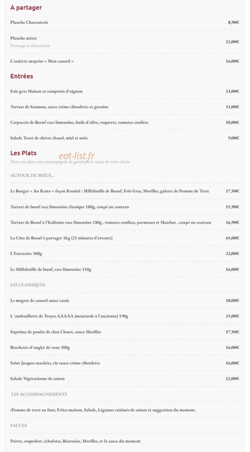 Au Resto — carte page 1