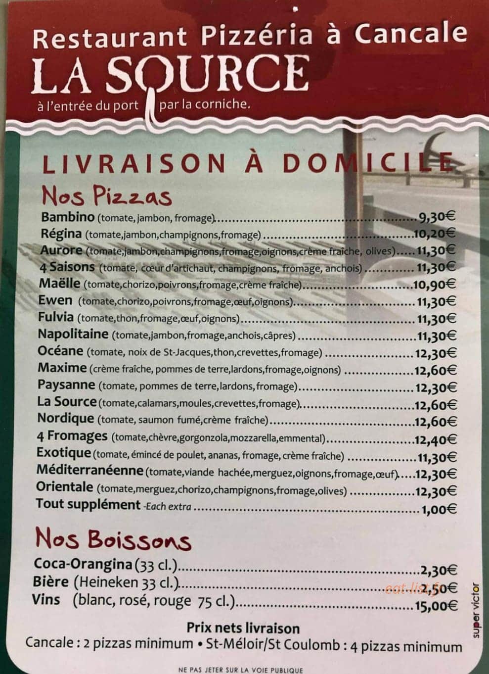 Pizzeria la source — carte page 1