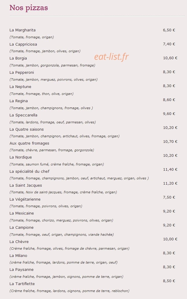 Carte et menu de Crêperie Pizzeria Mévennaise à Saint Meen le Grand — Les pizzas