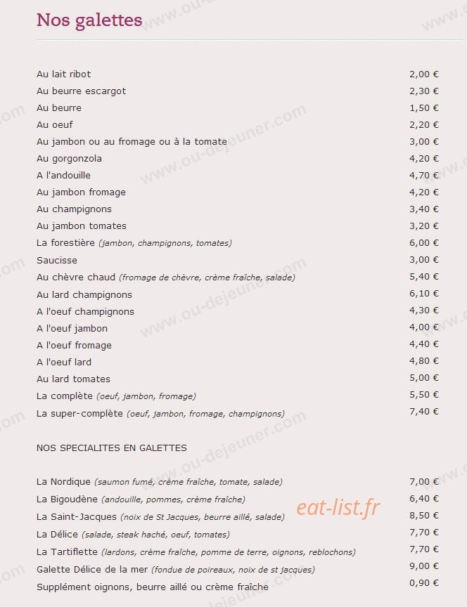 Carte et menu de Crêperie Pizzeria Mévennaise à Saint Meen le Grand — Les galettes