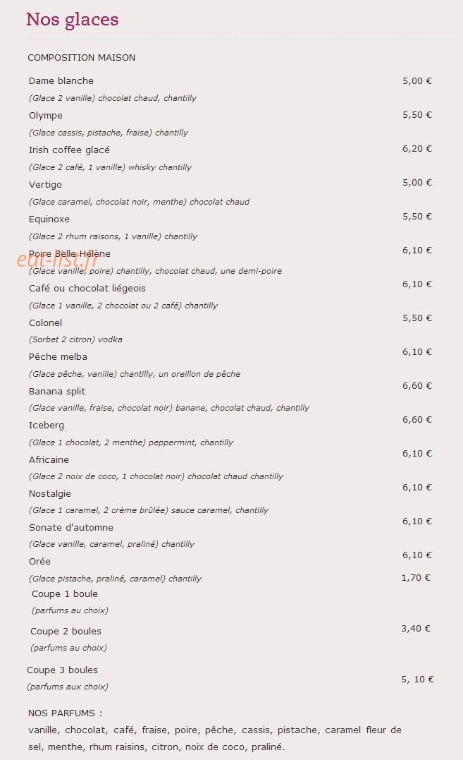 Carte et menu de Crêperie Pizzeria Mévennaise à Saint Meen le Grand — Les glaces