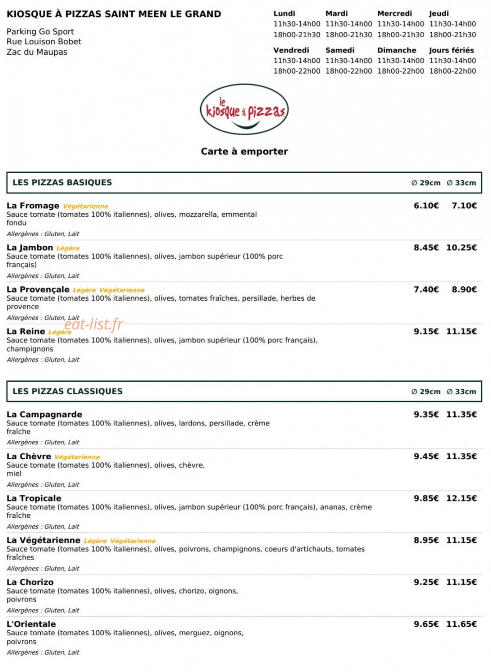 Le Kiosque à Pizzas — carte page 1